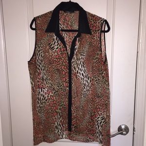 Animal print sheer button up vest shirt